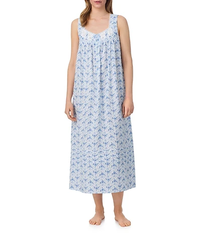 Eileen West Ribbon Print Sleeveless Sweetheart Neck Woven Cotton Ballet Nightgown