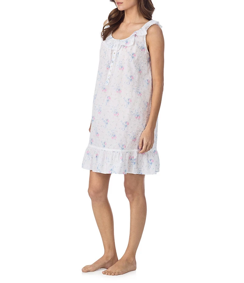 Eileen West Ribbon Rose Floral Print Sleeveless Ruffled Scoop Neck Woven Chemise