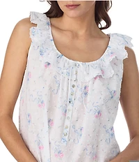 Eileen West Ribbon Rose Floral Print Sleeveless Ruffled Scoop Neck Woven Chemise