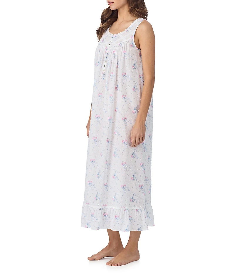 Eileen West Ribbon Rose Floral Print Sleeveless Sweetheart Neck Woven Swiss Dot Ballet Nightgown