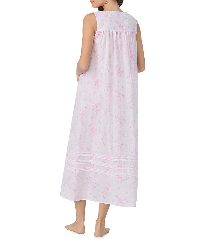 Eileen West Rose Print Sleeveless Sweetheart Neck Woven Lawn Ballet Nightgown
