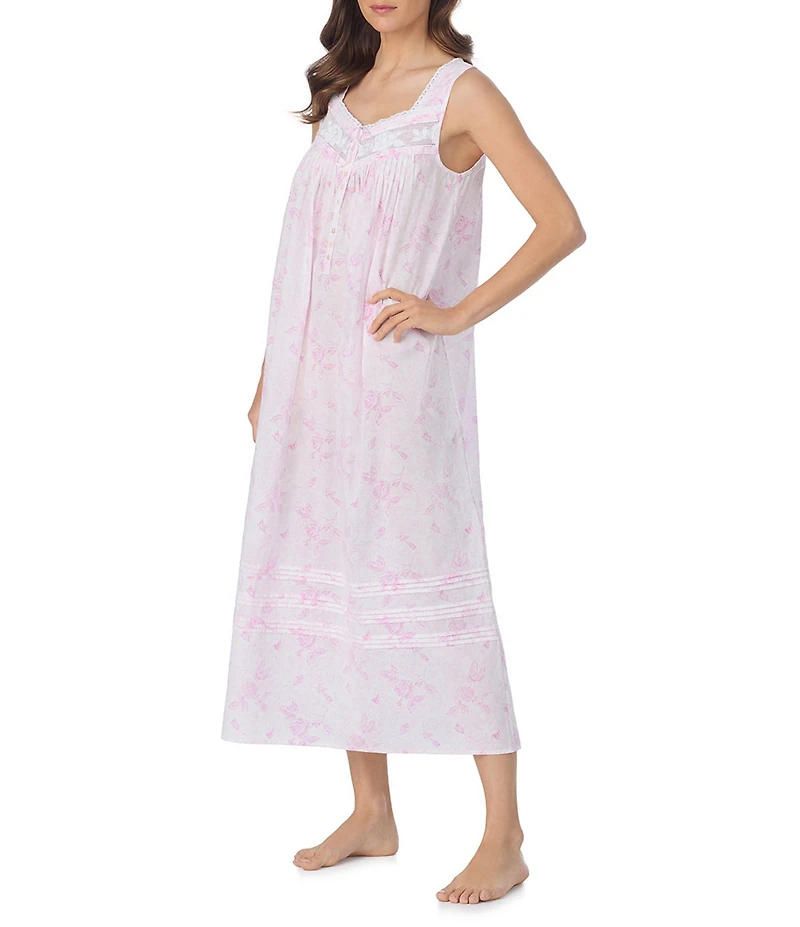 Eileen West Rose Print Sleeveless Sweetheart Neck Woven Lawn Ballet Nightgown