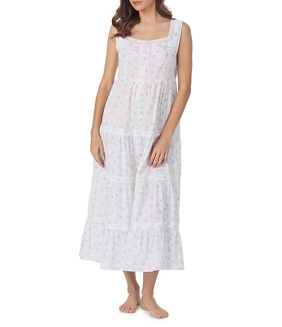 Eileen West Rose Print Sleeveless Sweetheart Neck Woven Lawn Cotton Ballet Nightgown