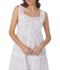 Eileen West Rose Print Sleeveless Sweetheart Neck Woven Lawn Cotton Ballet Nightgown