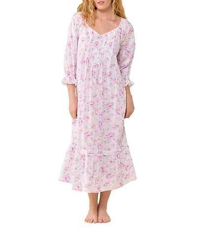 Eileen West Rosebud Print 3/4 Sleeve V-Neck Ballet Nightgown