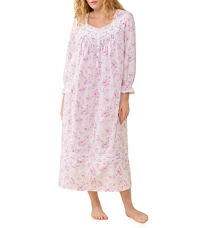 Eileen West Rosebud Print Long Sleeve Sweetheart Neck Cotton Woven Lawn Ballet Nightgown