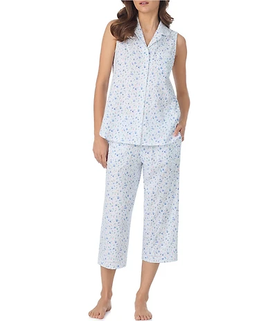 Eileen West Rosebud Print Sleeveless Notch Collar Jersey Knit Cotton Capri Pajama Set