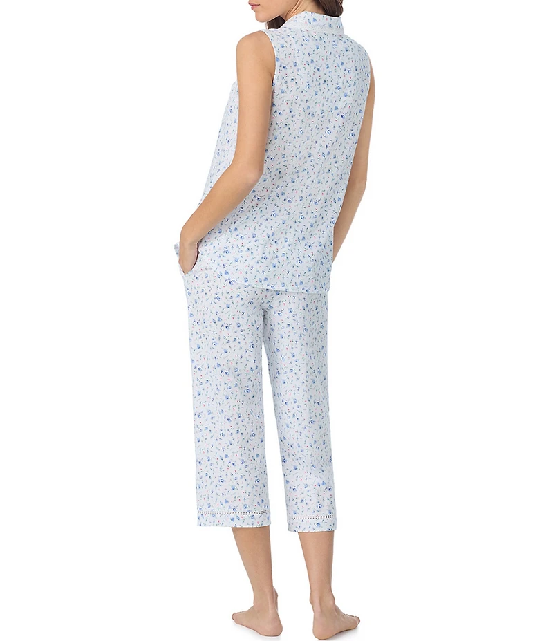 Eileen West Rosebud Print Sleeveless Notch Collar Jersey Knit Cotton Capri Pajama Set
