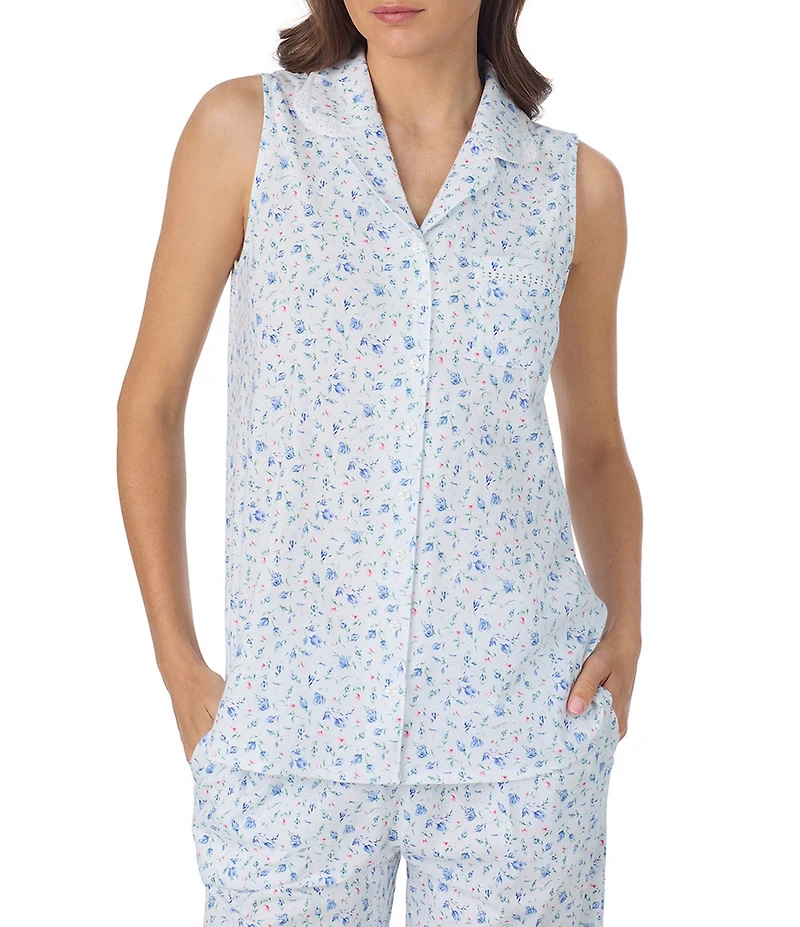 Eileen West Rosebud Print Sleeveless Notch Collar Jersey Knit Cotton Capri Pajama Set