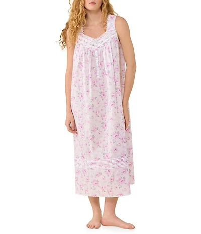 Eileen West Rosebud Print Sleeveless Sweetheart Neck Cotton Woven Lawn Ballet Nightgown