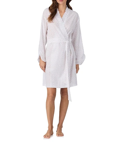 Eileen West Rosebud Print Swiss Dot Long Sleeve Coordinating Short Woven Wrap Robe