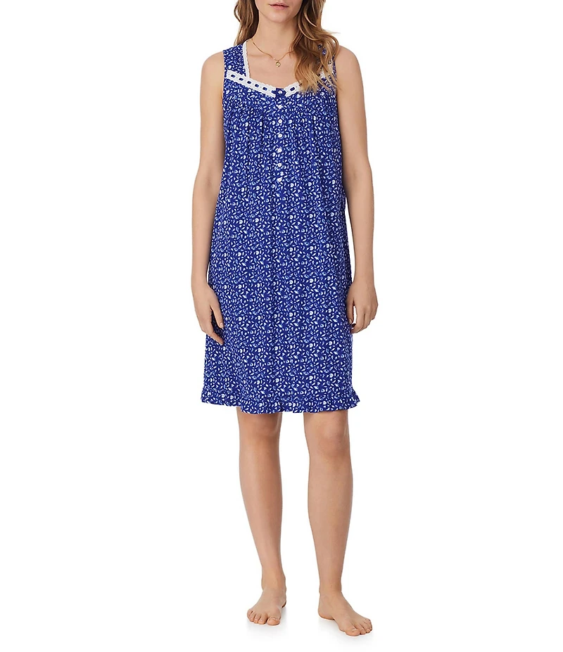 Eileen West Shell Print Sleeveless Sweetheart Neck Jersey Knit Short Nightgown
