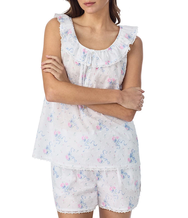 Eileen West Sleeveless Ruffled Round Neck Swiss Dot Floral Print Shorty Pajama Set