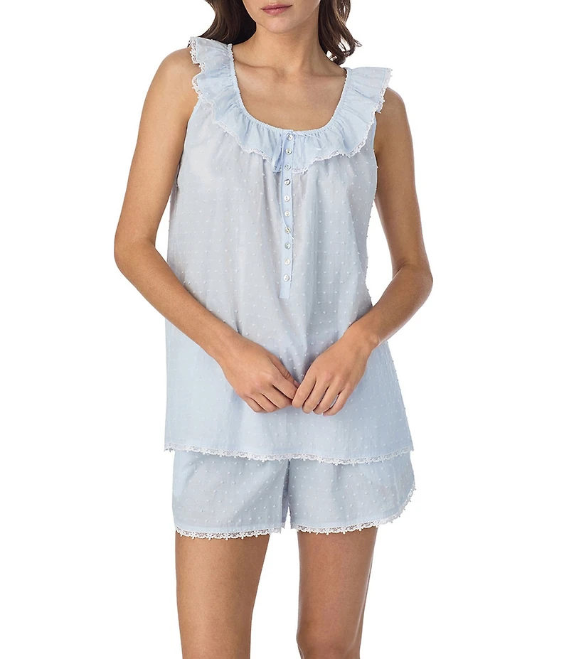 Eileen West Sleeveless Ruffled Round Neck Swiss Dot Shorty Pajama Set