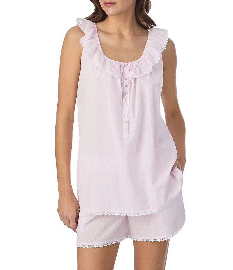 Eileen West Sleeveless Ruffled Round Neck Swiss Dot Shorty Pajama Set