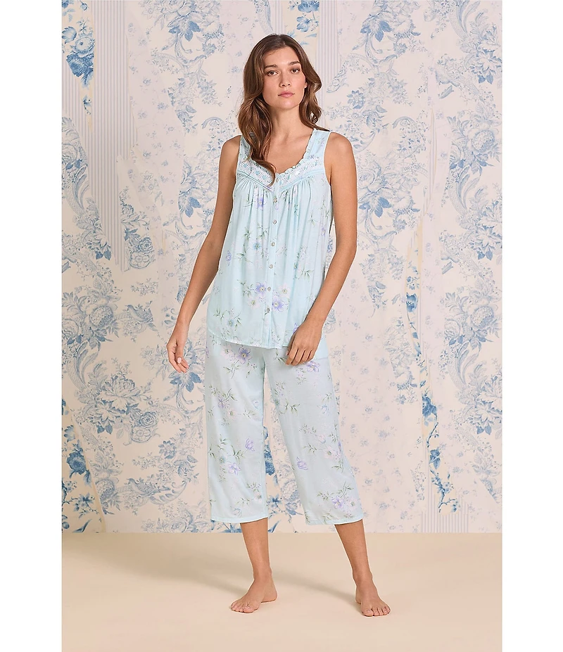Eileen West Sleeveless Sweetheart Neck Floral Print Jersey Knit Capri Pajama Set