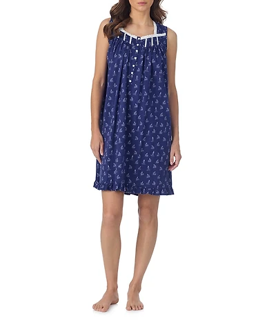 Eileen West Sleeveless Sweetheart Neck Nautical Sailboat Print Short Jersey Knit Nightgown