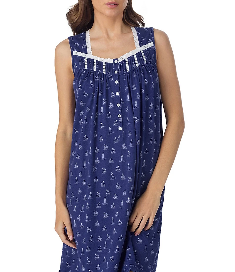 Eileen West Sleeveless Sweetheart Neck Nautical Sailboat Print Short Jersey Knit Nightgown