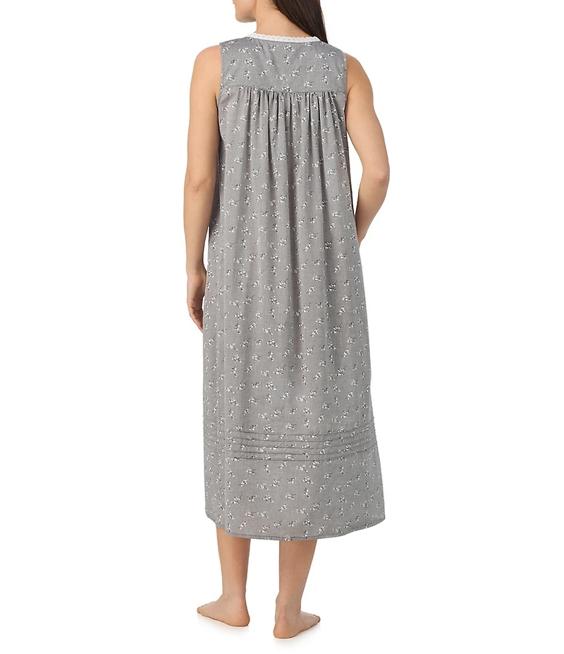 Eileen West Sleeveless Sweetheart Neck Woven Chambray Floral Print Ballet Nightgown