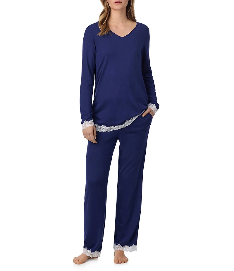 Eileen West Solid Long Sleeve V-Neck Knit Pant Pajama Set