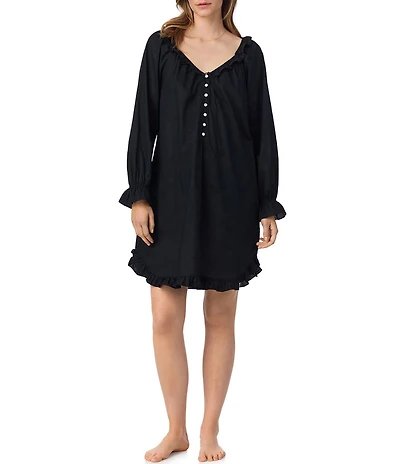 Eileen West Solid Woven Long Sleeve V-Neck Poet Nightshirt