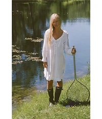 Eileen West Solid Woven Long Sleeve V-Neck Poet Nightshirt