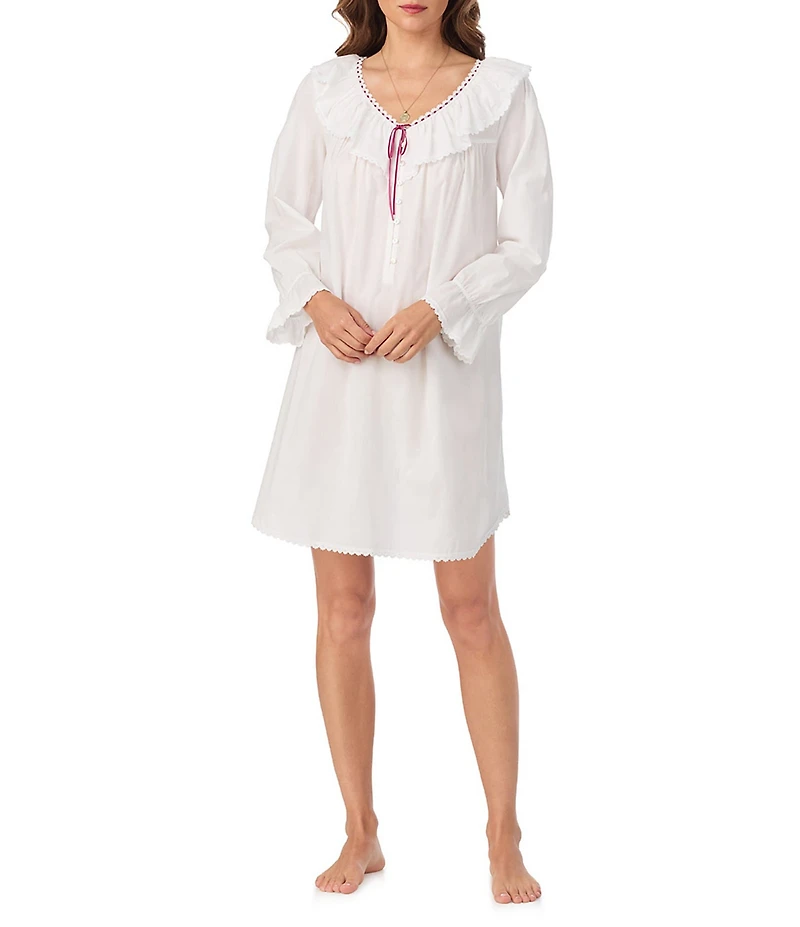 Eileen West Solid Woven Ruffled Ribbon V-Neck Long Sleeve Sleepshirt