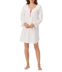 Eileen West Solid Woven Ruffled Ribbon V-Neck Long Sleeve Sleepshirt