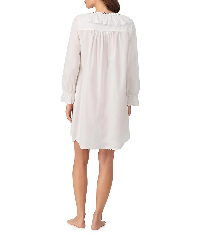 Eileen West Solid Woven Ruffled Ribbon V-Neck Long Sleeve Sleepshirt