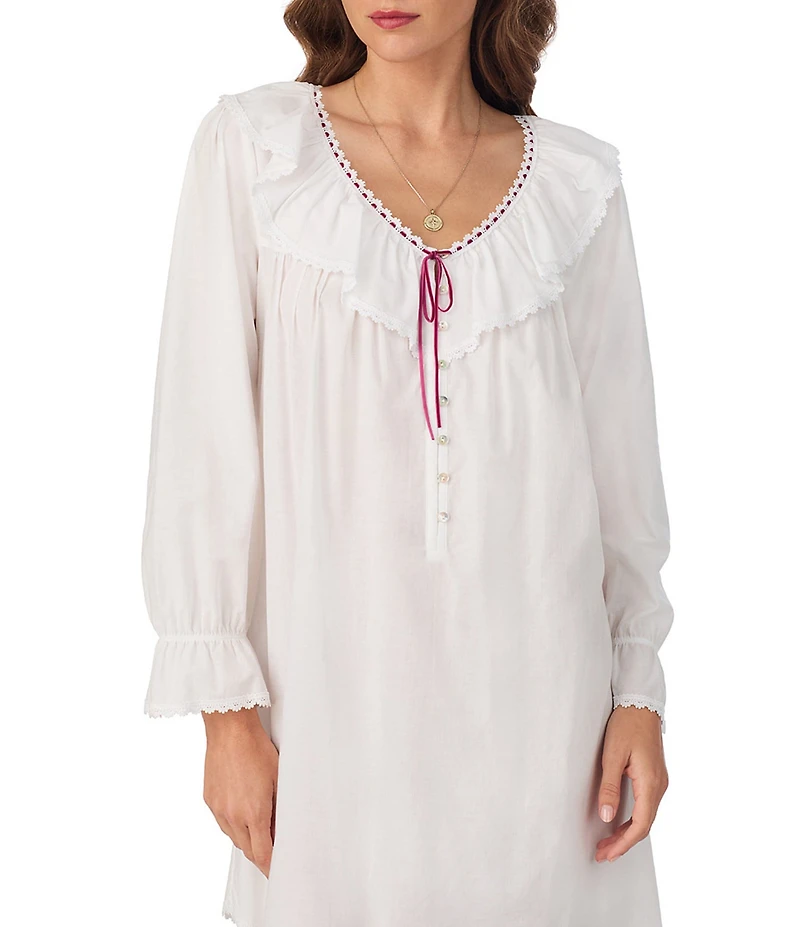 Eileen West Solid Woven Ruffled Ribbon V-Neck Long Sleeve Sleepshirt