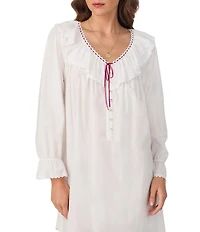 Eileen West Solid Woven Ruffled Ribbon V-Neck Long Sleeve Sleepshirt