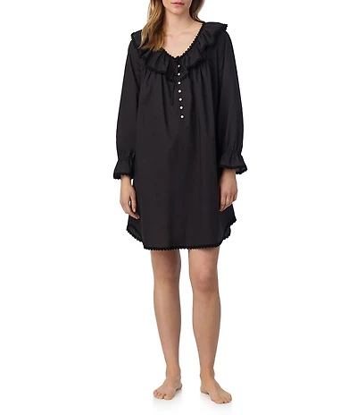 Eileen West Solid Woven Ruffled Ribbon V-Neck Long Sleeve Sleepshirt