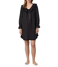Eileen West Solid Woven Ruffled Ribbon V-Neck Long Sleeve Sleepshirt