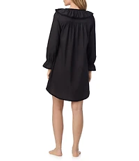 Eileen West Solid Woven Ruffled Ribbon V-Neck Long Sleeve Sleepshirt