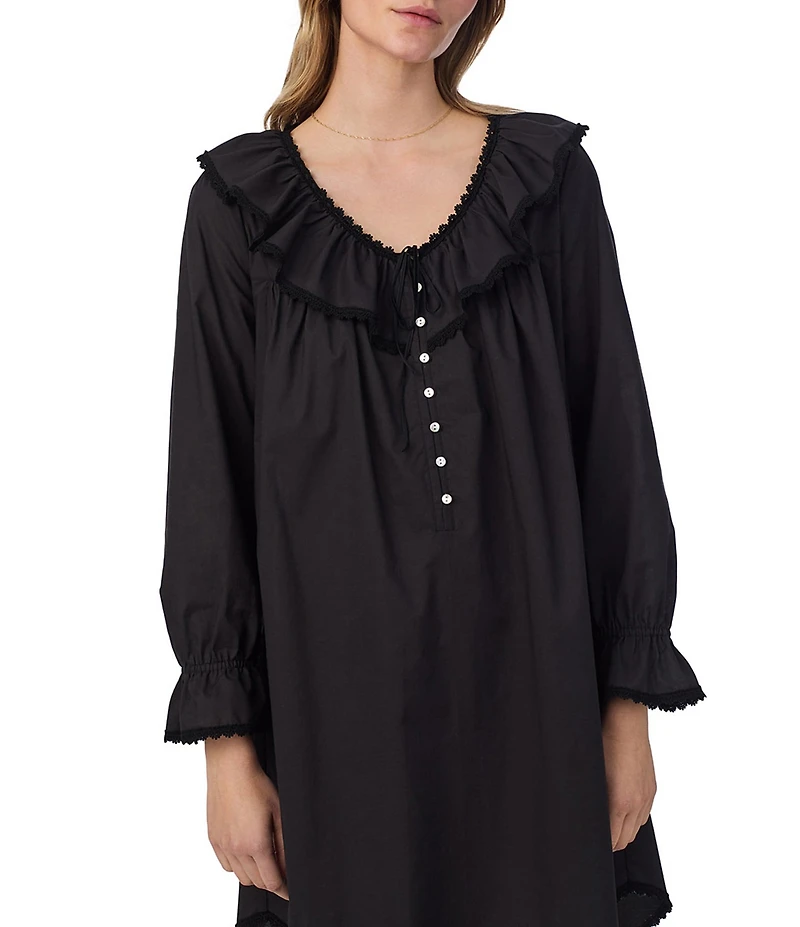 Eileen West Solid Woven Ruffled Ribbon V-Neck Long Sleeve Sleepshirt
