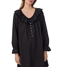 Eileen West Solid Woven Ruffled Ribbon V-Neck Long Sleeve Sleepshirt