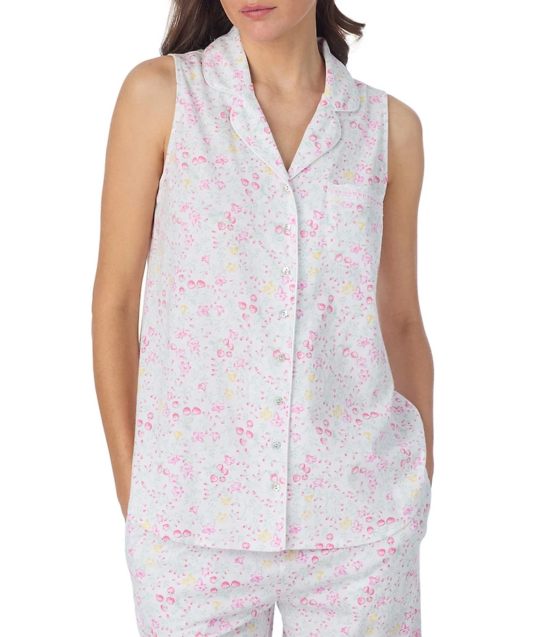 Eileen West Strawberry Novelty Print Sleeveless Notch Collar Jersey Knit Capri Pajama Set