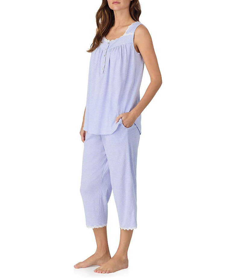 Eileen West Stripe Print Sleeveless Square Neck Knit Capri Pajama Set