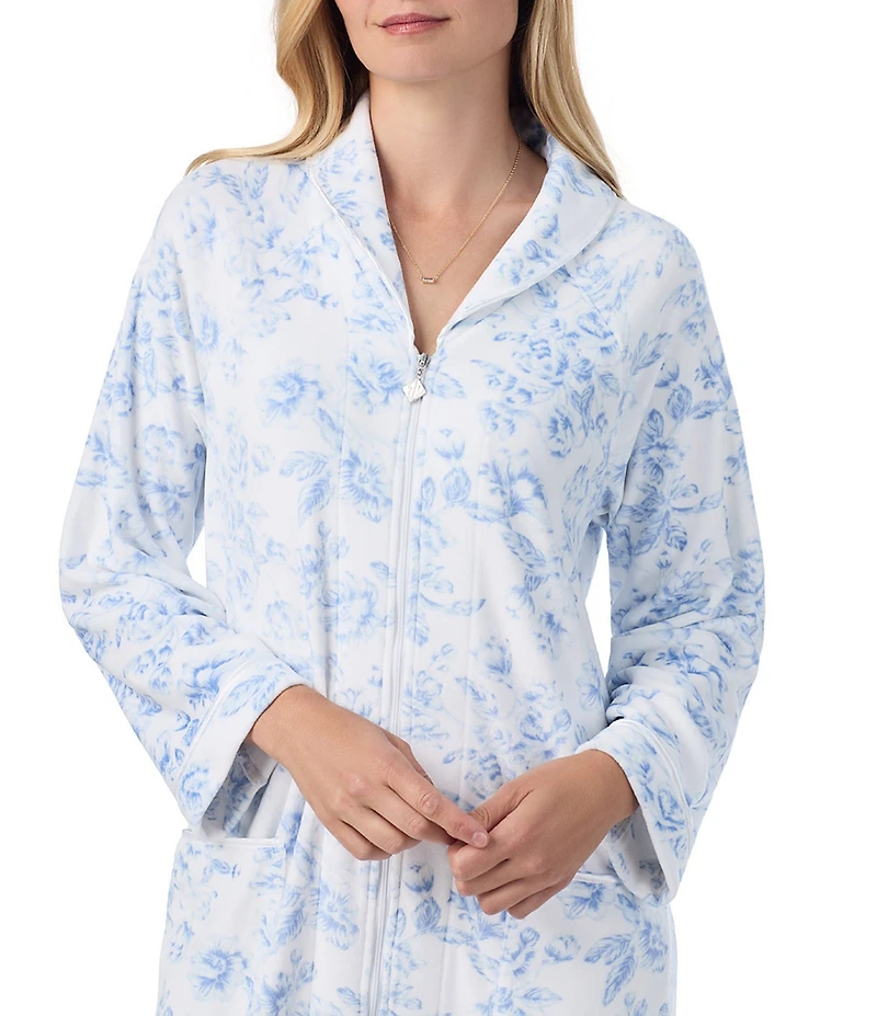 Eileen West Velour Full Zip Long Cozy Caftan Floral Print Robe