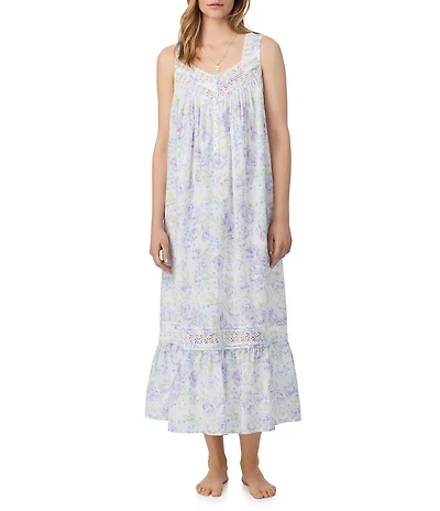 Eileen West Watercolor Floral Woven Sleeveless Sweetheart Neck Partial Button-Front Ballet Nightgown