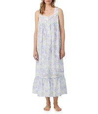 Eileen West Watercolor Floral Woven Sleeveless Sweetheart Neck Partial Button-Front Ballet Nightgown