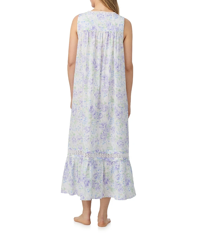 Eileen West Watercolor Floral Woven Sleeveless Sweetheart Neck Partial Button-Front Ballet Nightgown