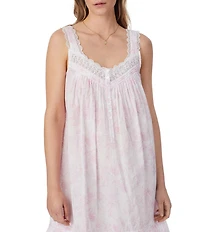 Eileen West Woven Floral Print Sleeveless Sweetheart Neck Partial Button Front Chemise