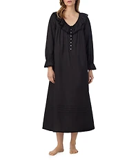 Eileen West Woven Ruffled Ribbon V-Neck Long Sleeve Ballet Nightgown