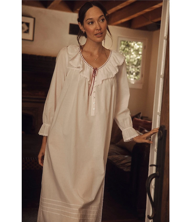 Eileen West Woven Ruffled Ribbon V-Neck Long Sleeve Ballet Nightgown