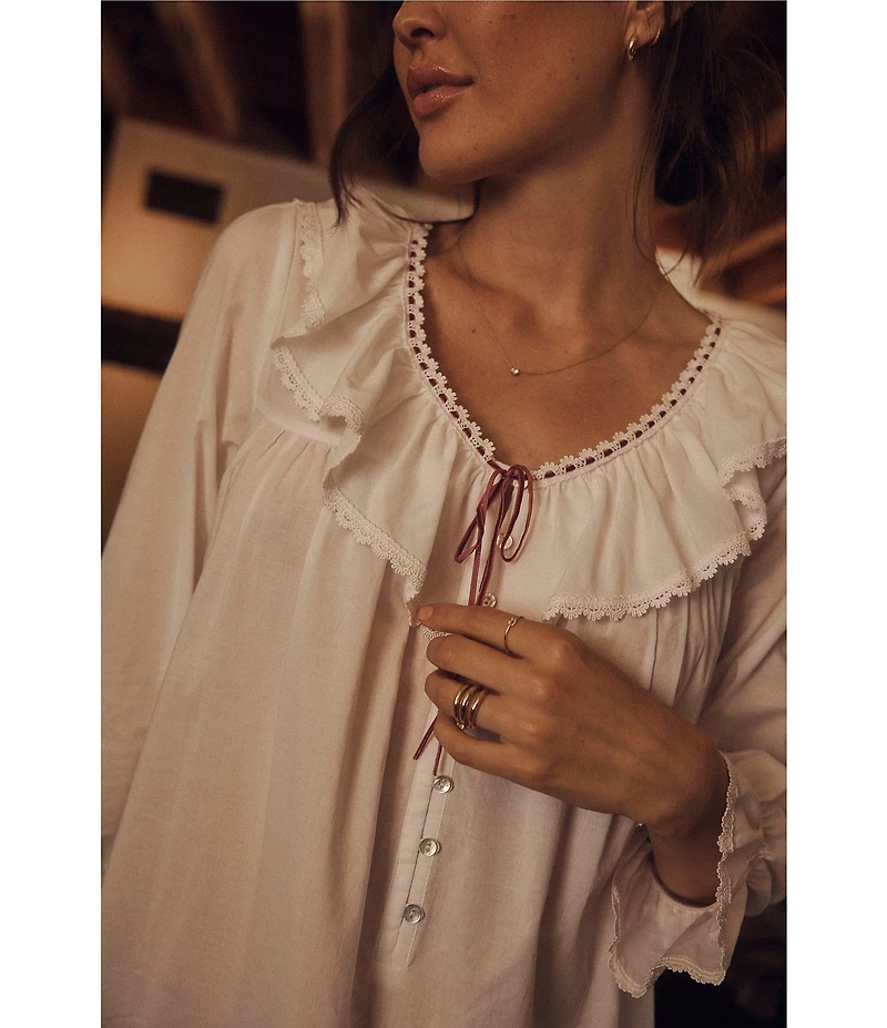 Eileen West Woven Ruffled Ribbon V-Neck Long Sleeve Ballet Nightgown