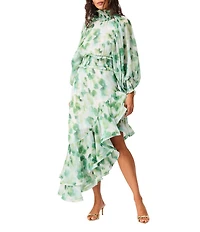ELLIATT Floral Printed Georgette Smocked High Neck Long Sleeve Asymmetrical Ruffle Midi Dress