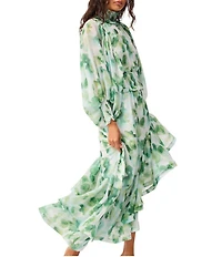 ELLIATT Floral Printed Georgette Smocked High Neck Long Sleeve Asymmetrical Ruffle Midi Dress