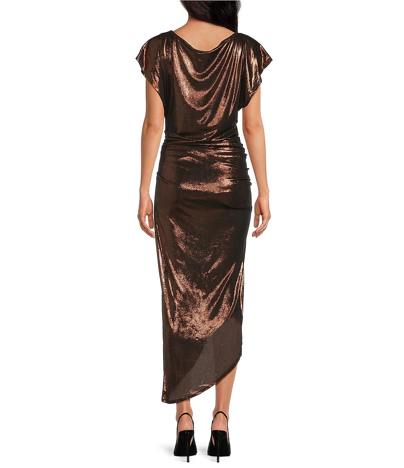 ELAN Boat Neck Cap Sleeve Side Slit Ruched Midi Dress