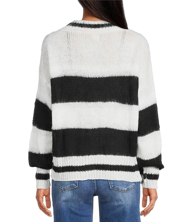ELAN Bold Striped V-Neck Long Sleeve Button Front Cardigan